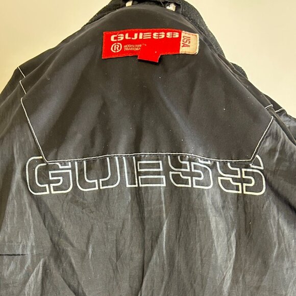 Guess Vintage Men’s Down Puffer Jacket M Black Nylon Red Label Fleece Collar - Picture 10 of 11